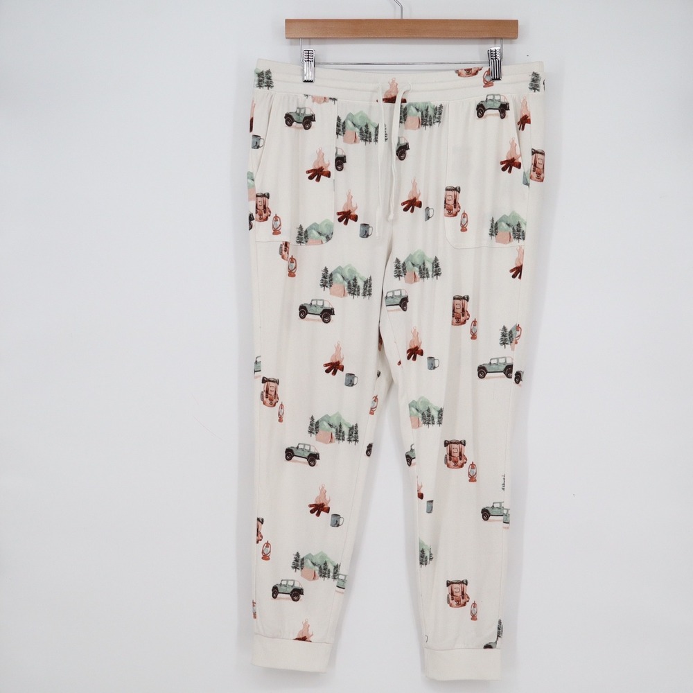 Natural Reflections Womens L Camping Print Pajama Jogger Pants Cream Outdoor SUV